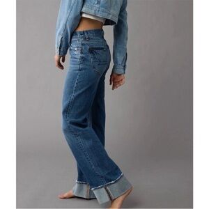American Eagle Stovepipe Baggy Wide Leg Cuffed Jeans Blue Denim High Rise AE